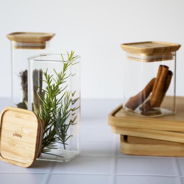 3760132816814 - Pebbly - Set de 2 Boîtes de Conservation à Épices en Verre et Bambou