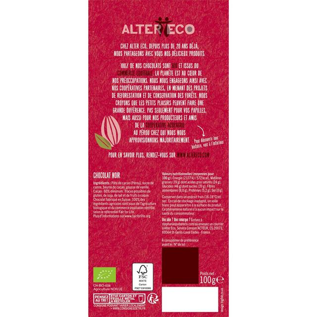 3700214610015 - Alter Eco - Commerce Equitable - Chocolat Noir Intense Dégustation 60% Cacao Bio du Pérou