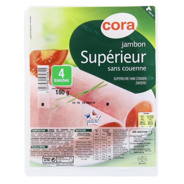 3257980460615 - Cora - Jambon Supérieur sans couenne, 180g