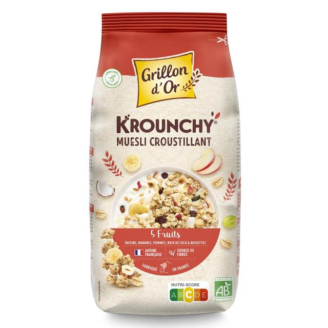 3421557920615 - Grillon Or - Céréales Krounchy 5 fruits BIO raisin, banane, pomme, noix de coco et noisette
