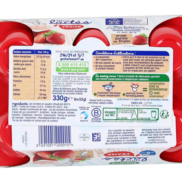 3041091222015 - Blédina - Mini Lactés - Desserts Lactés Fraise Coupelle Bébé Dès 6 mois