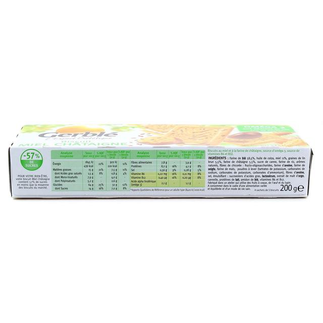 3175681072916 - Gerblé Teneur Réduite - 20 Biscuits Miel Châtaigne Graines de lin -46% de sucres en moins