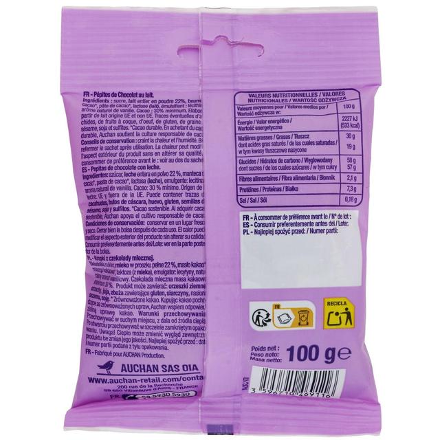 3596710469116 - Auchan - Pépites de chocolat au lait sachet refermable