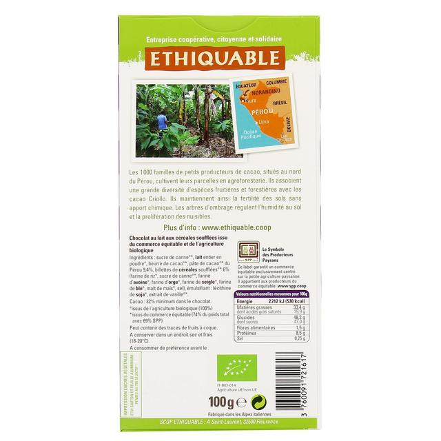 3760091721617 - Ethiquable - Commerce Equitable - Chocolat lait riz soufflé 32% Cacao Bio du Pérou