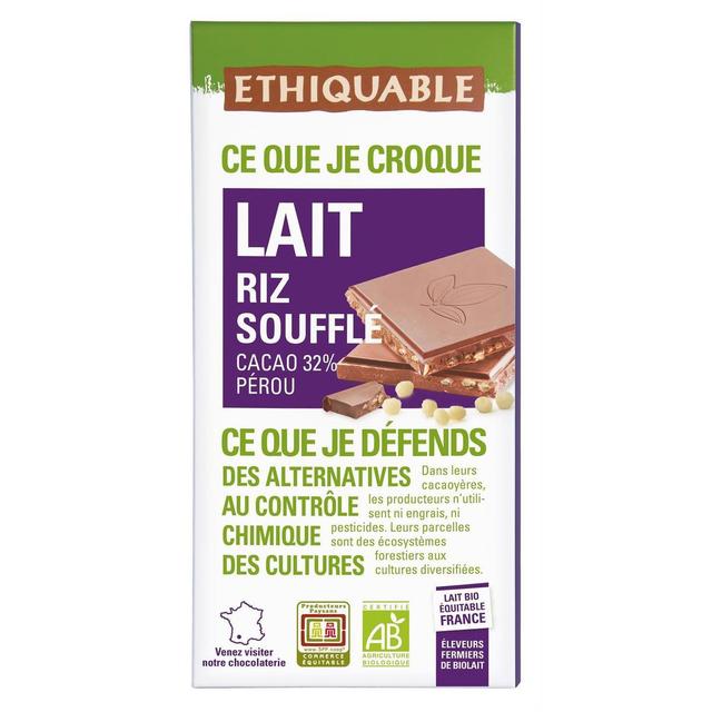 3760091721617 - Ethiquable - Commerce Equitable - Chocolat lait riz soufflé 32% Cacao Bio du Pérou