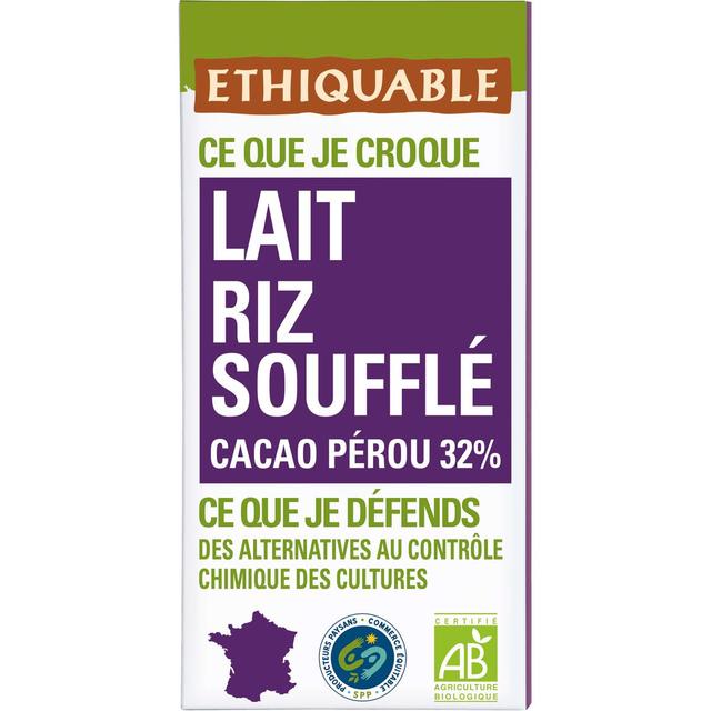 3760091721617 - Ethiquable - Commerce Equitable - Chocolat lait riz soufflé 32% Cacao Bio du Pérou