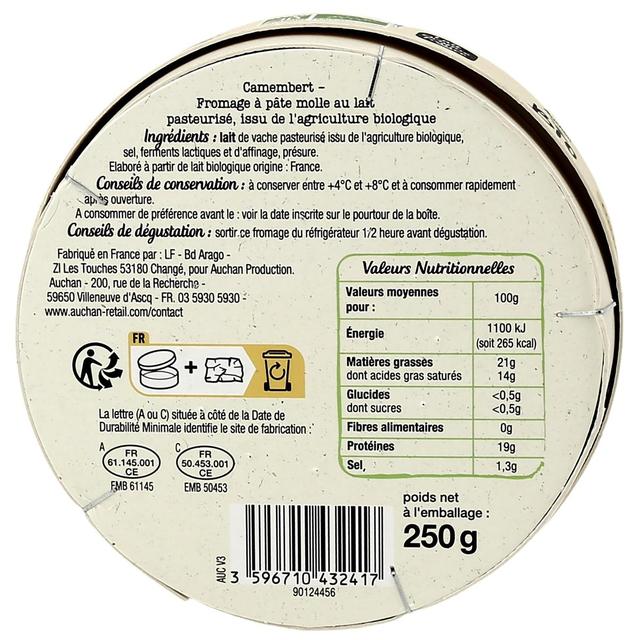 3596710432417 - Auchan BIO - Camembert moulé à la louche bio