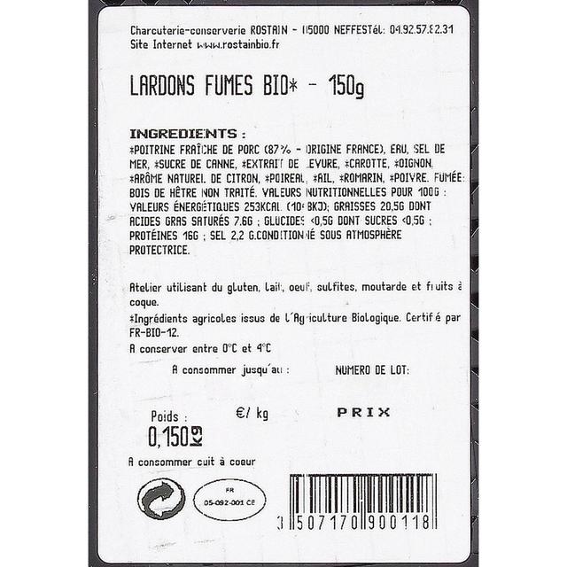 3507170900118 - Rostain - Lardons Fumés au Bois de Hêtre, Bio