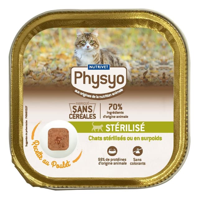 3760080530718 - Physyo by Nutrivet - Barquette Patée Poulet sans Céréales pour Chat Adulte Stérilisé