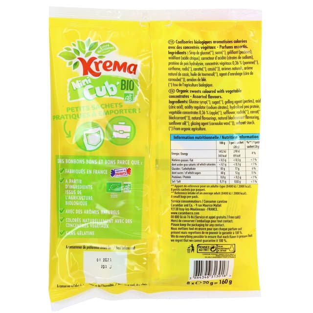 3664346313018 - Krema - Bonbons mini cub bio sans gélatine x8 sachets