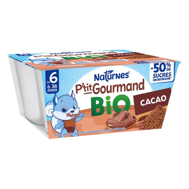 7613287235718 - Naturnes® - P'tit Gourmand - Dessert Lacté Cacao Bio Coupelle Bébé Dès 6 mois