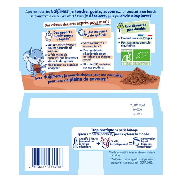 7613287235718 - Naturnes® - P'tit Gourmand - Dessert Lacté Cacao Bio Coupelle Bébé Dès 6 mois