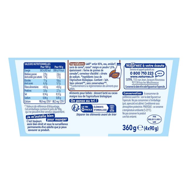 7613287235718 - Naturnes® - P'tit Gourmand - Dessert Lacté Cacao Bio Coupelle Bébé Dès 6 mois