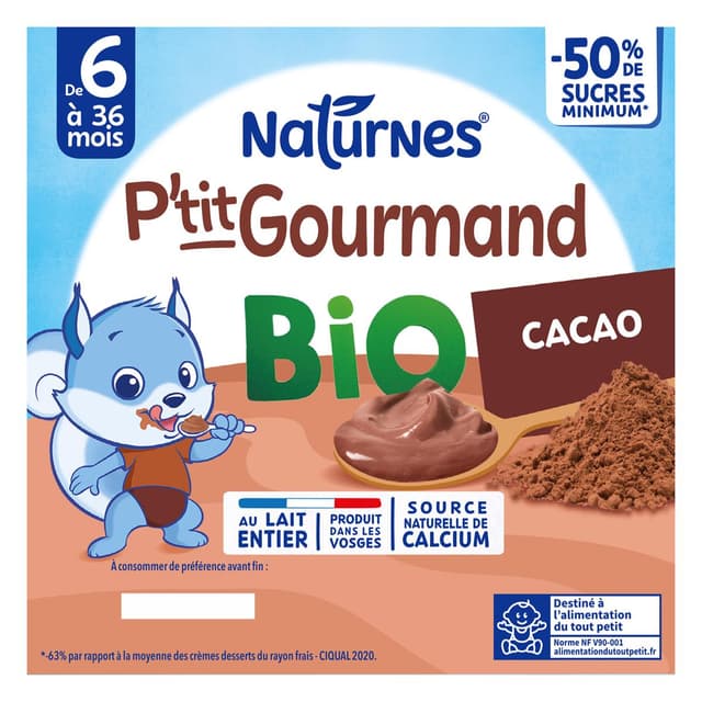 7613287235718 - Naturnes® - P'tit Gourmand - Dessert Lacté Cacao Bio Coupelle Bébé Dès 6 mois