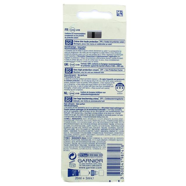 3600541987418 - Garnier - Ambre Solaire - Crème solaire FPS50+ Stick lèvres, Combi 2 en1 UV Ski haute montagne