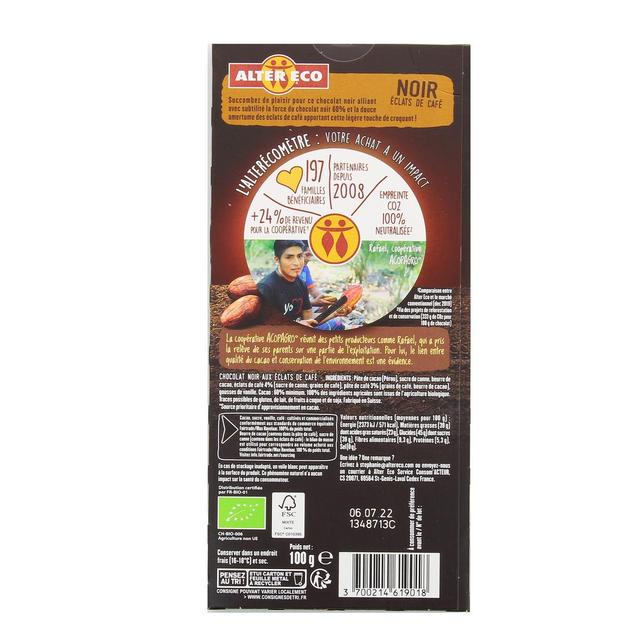 3700214619018 - Alter Eco - Commerce Equitable - Chocolat noir Eclats de café 60% Cacao Bio du Pérou