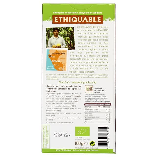 3760091727619 - Ethiquable - Commerce Equitable - Chocolat Noir Amande 65% Cacao Bio du Pérou ou Equateur