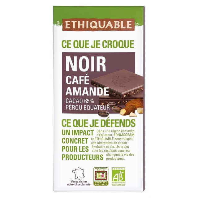 3760091727619 - Ethiquable - Commerce Equitable - Chocolat Noir Amande 65% Cacao Bio du Pérou ou Equateur