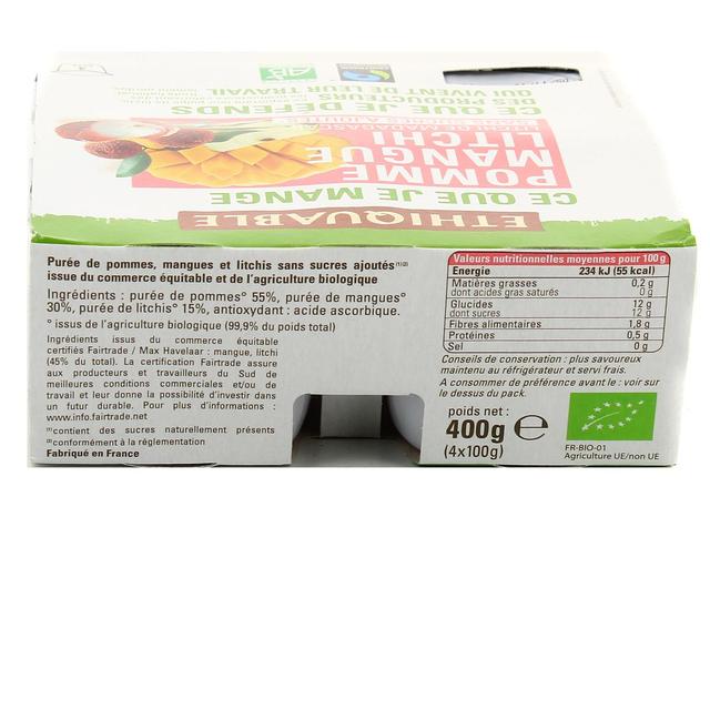 3760091722720 - Ethiquable - Commerce Equitable - Purée pomme mangue litchi Bio