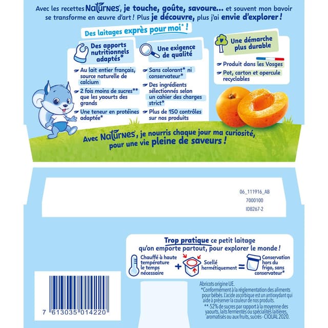 7613035014220 - Naturnes® - P'tit Brassé - Dessert Lacté Abricot Coupelle Bébé Dès 6 mois