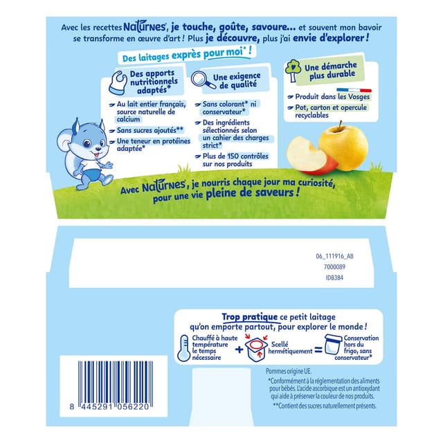 8445291056220 - Naturnes® - P'tit Brassé - Dessert Lacté Pomme Sans Sucre Ajouté Coupelle Bébé Dès 6 mois