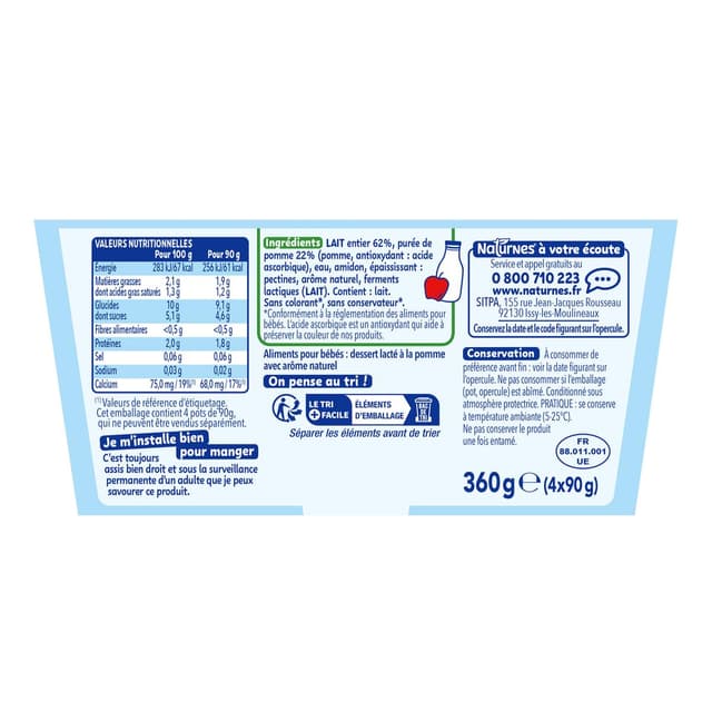 8445291056220 - Naturnes® - P'tit Brassé - Dessert Lacté Pomme Sans Sucre Ajouté Coupelle Bébé Dès 6 mois
