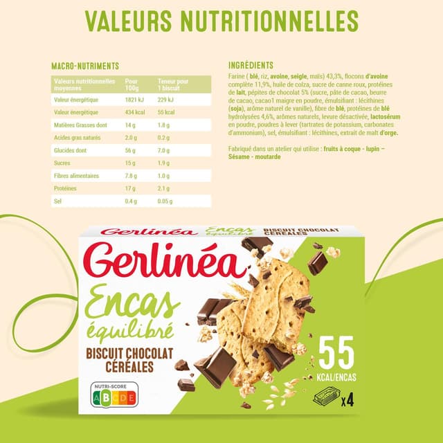 3175681797420 - Gerlinéa - 4 Biscuits chocolat céréales -49% de sucres en moins