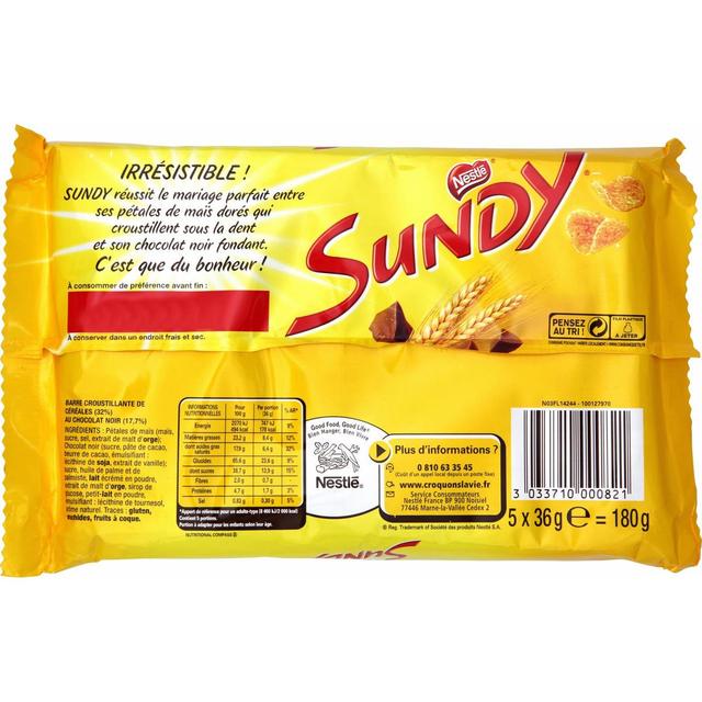 3033710000821 - Sundy - Barres de céréales nappée de chocolat x 5