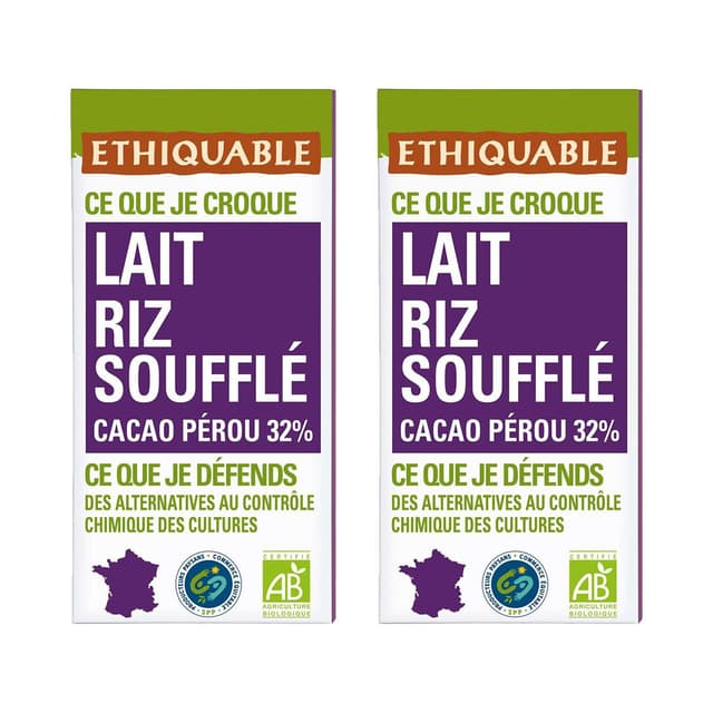 2050000412721 - Ethiquable - Commerce Equitable - Chocolat lait riz soufflé 32% Cacao Bio du Pérou