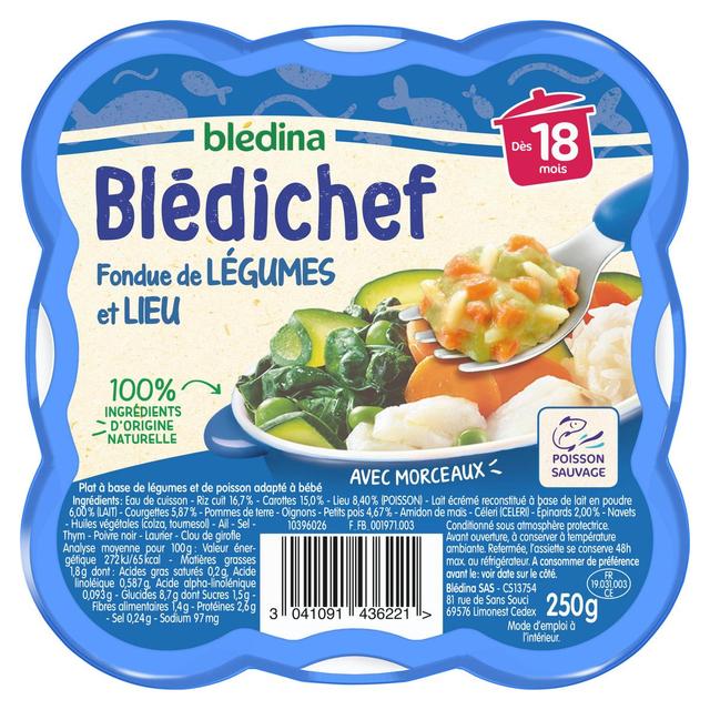 3041091436221 - Blédina - Blédi'chef - Fondue de Légumes et Lieu Assiette Bébé Dès 18 mois