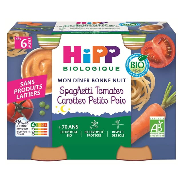 4062300432222 - Hipp - Mon Dîner Bonne Nuit - Spaghetti Tomates, Carottes, Petits Pois Bio Pot Bébé Dès 6 mois