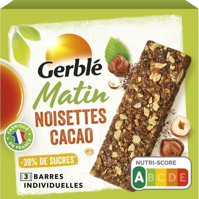 3175681302723 - Gerblé - Barres Petit dejeuner Noisettes Cacao -39% de sucres en moins
