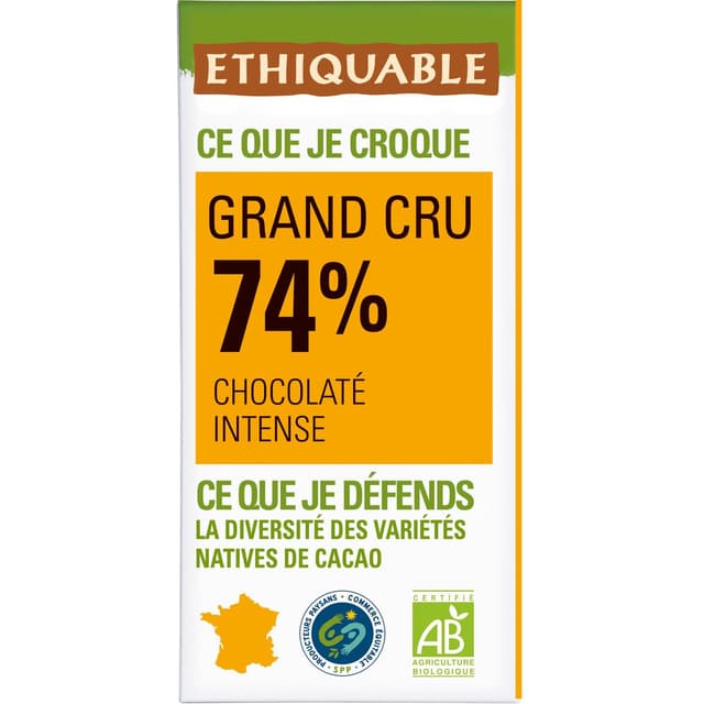 3760091727824 - Ethiquable - Commerce Equitable - Chocolat noir intense 74% cacao Bio Grand Cru