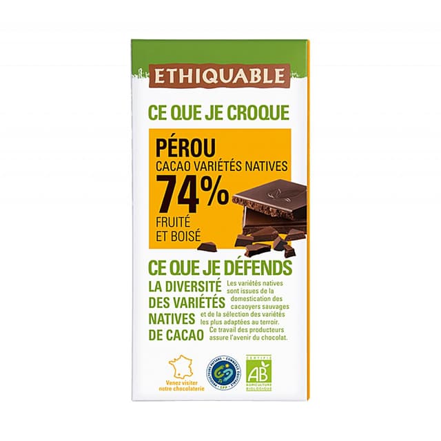 3760091727824 - Ethiquable - Commerce Equitable - Chocolat noir intense 74% cacao Bio Grand Cru