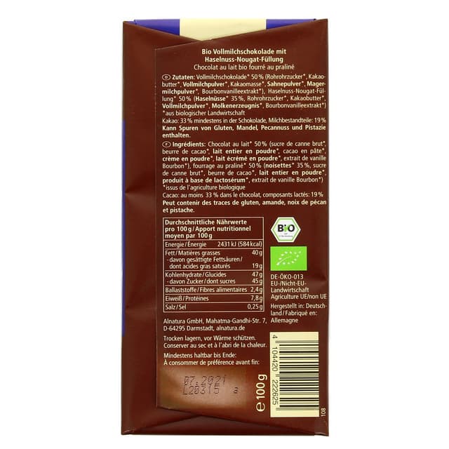 4104420222625 - Alnatura - Chocolat au lait bio fourré praliné
