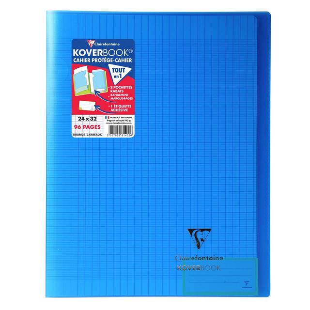 3037929814026 - Clairefontaine - Cahier Kover Book 24 x 32 cm grands carreaux bleu translucide