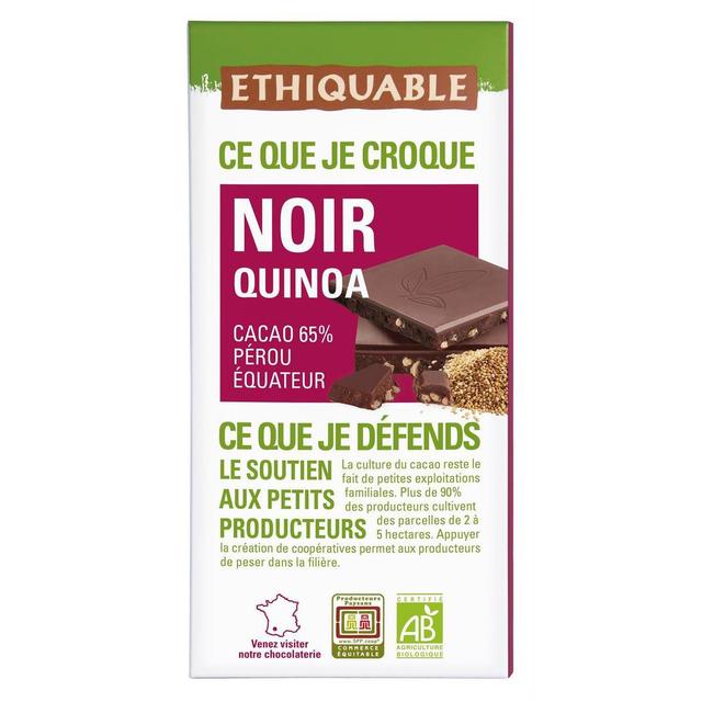 3760091720627 - Ethiquable - Commerce Equitable - Chocolat Noir Quinoa 65% Cacao Bio du Perou ou d'Equateur ou Haïti
