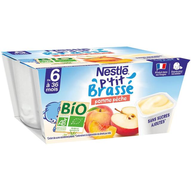 7613036285827 - Nestlé - P'tit Brassé - Dessert Lacté Pomme Pêche Bio Coupelle Bébé Dès 6 mois
