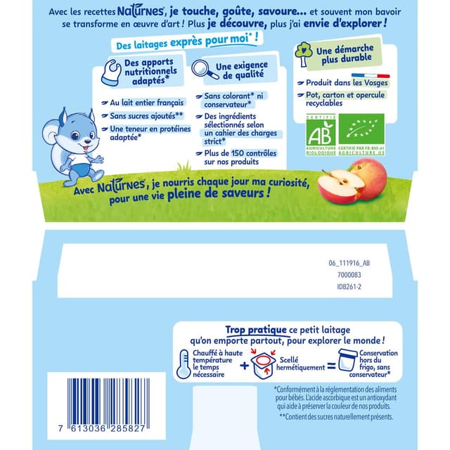 7613036285827 - Naturnes® - P'tit Brassé - Dessert Lacté Pomme Pêche Bio Coupelle Bébé Dès 6 mois