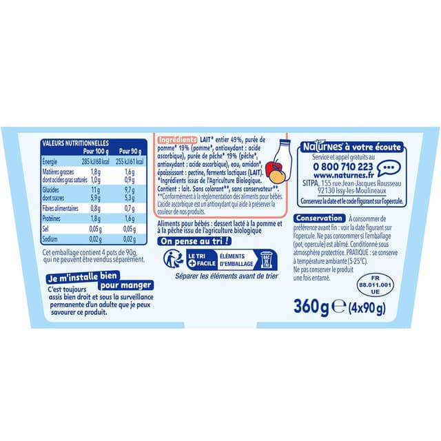 7613036285827 - Naturnes® - P'tit Brassé - Dessert Lacté Pomme Pêche Bio Coupelle Bébé Dès 6 mois