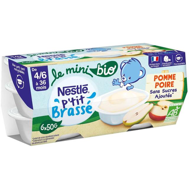8445290570628 - Nestlé - P'tit Brassé - Mini Dessert Lacté Pomme Poire Bio Coupelle Bébé Dès 4/6 mois