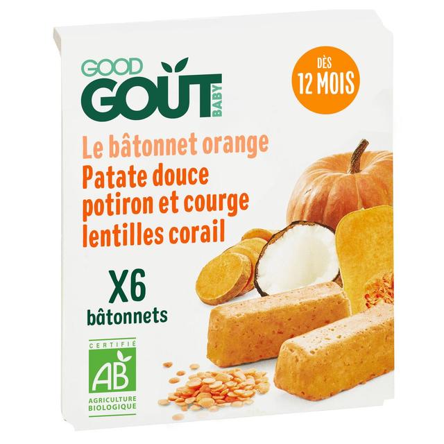 3760269315228 - Good Goût - 6 Bâtonnets orange Bio- Patate Douce, Lentille Corail, Potiron, Courge Bébé dès 12 mois