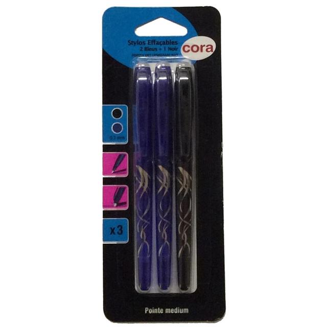 3257985315330 - Cora - 3 stylos à encre effaçable thermosensible - 2 bleus et 1 noir