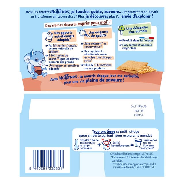 8445291535831 - Naturnes® - P'tit Biscuit - Dessert lacté Semoule Saveur Lait Biscuitée Pots Bébé dès 6 mois