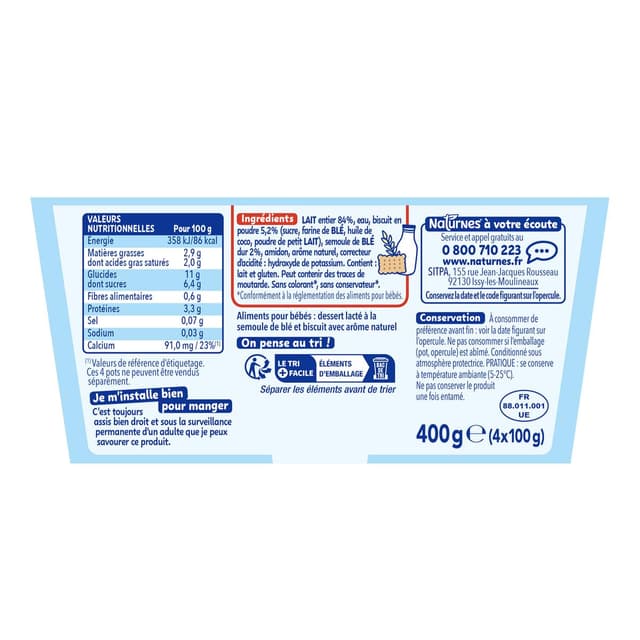 8445291535831 - Naturnes® - P'tit Biscuit - Dessert lacté Semoule Saveur Lait Biscuitée Pots Bébé dès 6 mois