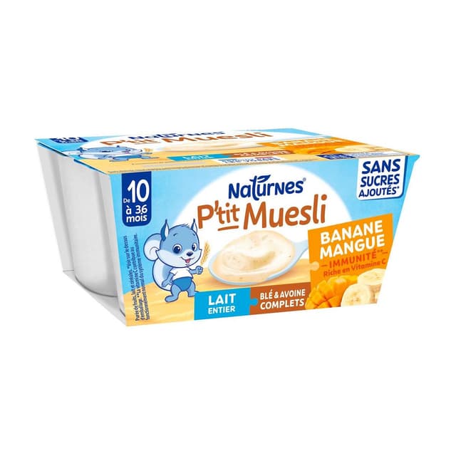 3701669201032 - Naturnes® - P'tit Muesli - Dessert lacté Banane Mangue Lait entier Blé & Avoine Complets Coupelle Bébé Dès 10 Mois