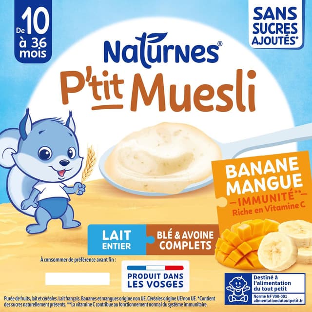 3701669201032 - Naturnes® - P'tit Muesli - Dessert lacté Banane Mangue Lait entier Blé & Avoine Complets Coupelle Bébé Dès 10 Mois