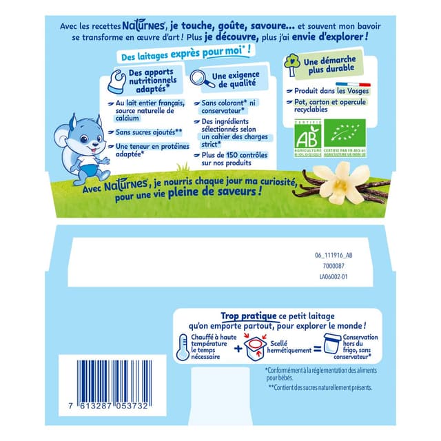 7613287053732 - Naturnes® - P'tit Brassé - Dessert Lacté Vanille Bio Coupelle Bébé Dès 6 mois