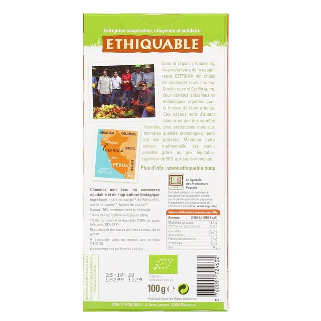 3760091724632 - Ethiquable - Commerce Equitable - Chocolat Noir 70% cacao Bio du Pérou