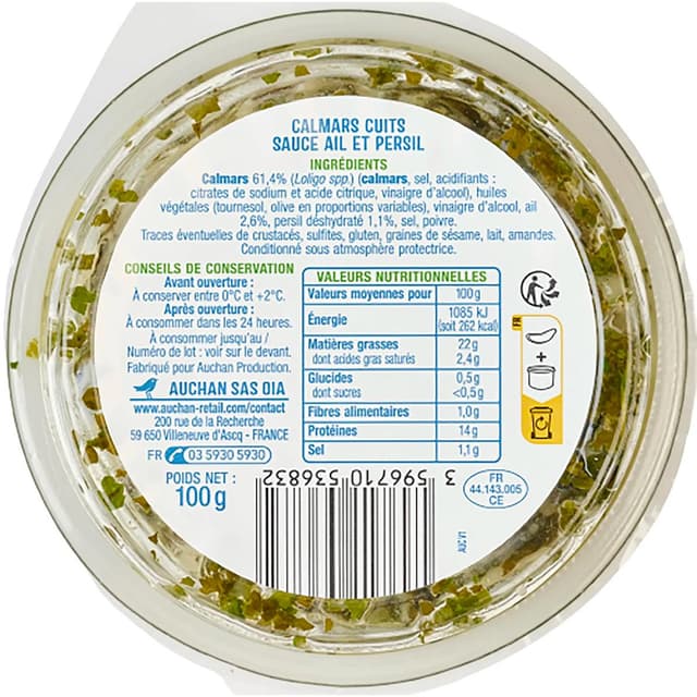 3596710536832 - Auchan - Calmars Cuits Sauce Ail et Persil